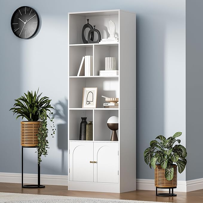 71" Tall Bookshelf with 6 Cubes and 2 Doors, 4-Tier Bookshelf, Open Shelf Bookcase with Cabinet, Modern Cube Storage Organizer for Living Room, and Office, White