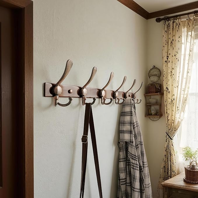 Dseap Coat Rack Wall Mount 2.0 Pro: 24” Long, 3X Tougher, Heavy Duty Stainless Steel Wall Coat Hanger with 6 Tri Hooks for Clothes Jackets Hats Entryway Closet, Antique Copper, Pack of 2
