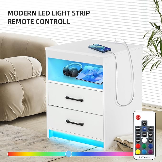 Night Stand with Charging Station and Ambient Light, LED Nightstand with USB-C Ports and Outlets, Morden Bedside Table with 2 Drawers and Open Compartment, End Table for Bedroom, White