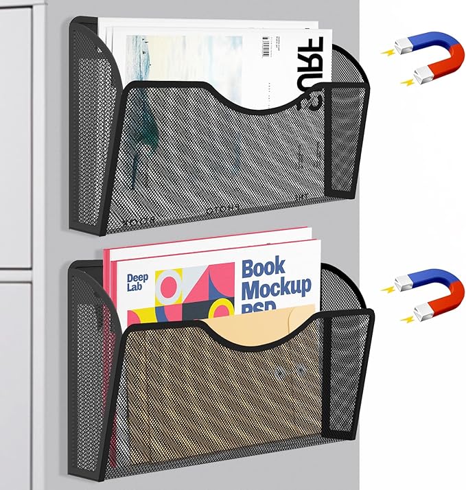 Magnetic File Holder 2 Pockets File Folder Organizer, Office Hanging Magazine Rack for Refrigerator, White Board, No Drilling Paper Document Holder Mail Organizer for File Cabinets