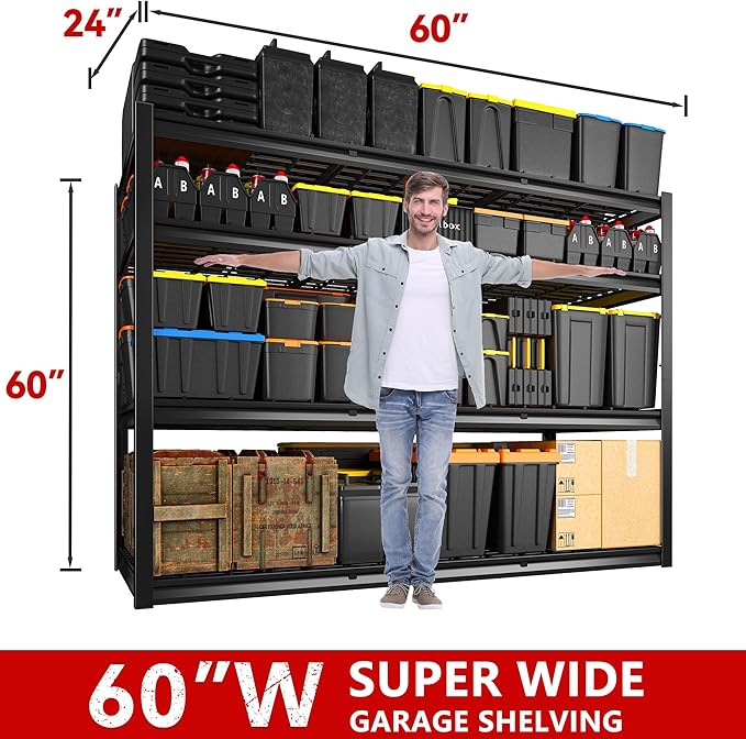REIBII 60" W Garage Shelving, 4 Tier Storage Shelves Heavy Duty, 2500LBS Industrial Shelf, Adjustable Metal Shelving for Garage, Warehouse, School, Commercial, Business, 60" W x 60" H x 24" D