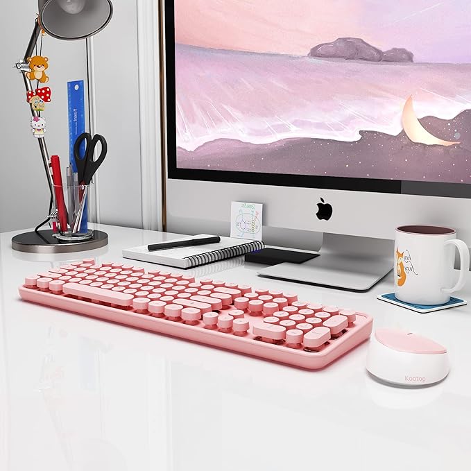 Wireless Keyboard,KOOTOP Cute Colorful 104 Keys Typewriter Retro Round Keycaps Keyboard for PC Laptop,Desktop,Windows, Home and Office Keyboards (Pink)