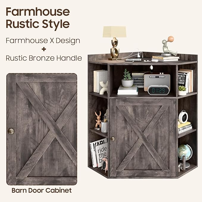 Corner Storage Cabinet, Farmhouse Corner Bookshelf with Storage 6-Cubby Wooden Cabinet with USB Ports and Outlets Industrial Organizer for Small Space, Study, Playroom, Living Room