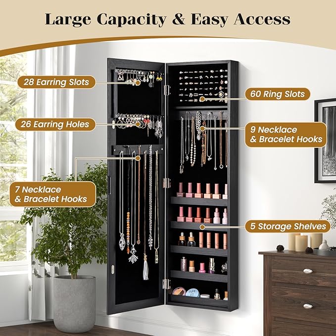 Giantex Wall or Door Mounted Jewelry Cabinet with Full Length Mirror, Over The Door Jewelry Armoire Organizer, Hanging Storage Cabinet with Necklace Hooks, Earring Slots, Ring Slots & Shelves (Black)