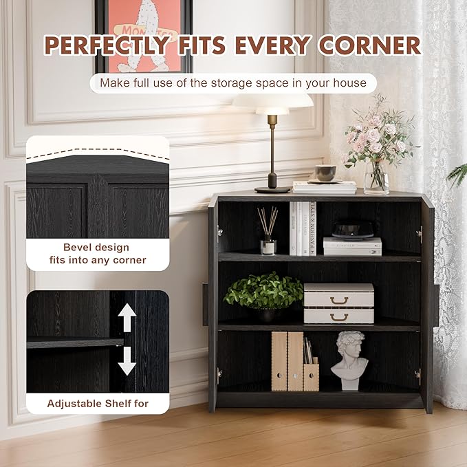 Casaphoria Farmhouse Corner Cabinet, Wooden Corner Storage Cabinet with Adjustable Shelves, Narrow Storage Organizer for Small Space, 31" H x 31" W x 16" D, 44Lb, Black