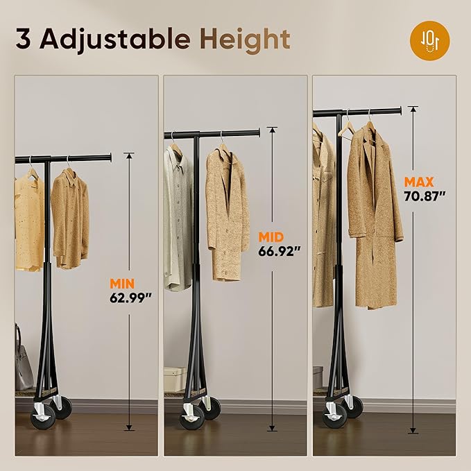 HOKEEPER Clothes Rack with Wood Shelves Height Adjustable Clothing Rack with Lockable Wheels 500LBS Portable Wooden Garment Closet for Bedroom, Living Room, Laundry, Balcony, Black