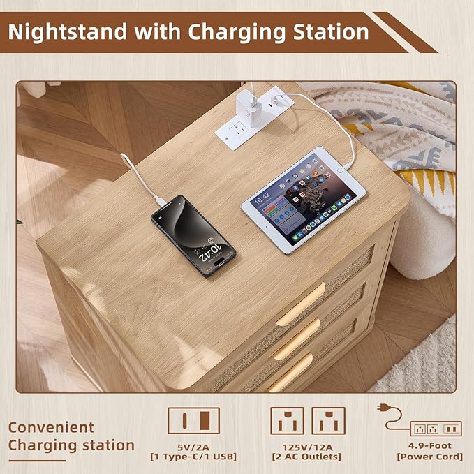 LEYAOYAO Rattan Night Stand Set of 2 with Charger Station, 23" Large 3 Drawer Boho Nightstand, Natural Wood Bedside Table Storage Cabinet, Bed Side End Tables for Bedroom, Living Room, Hallway