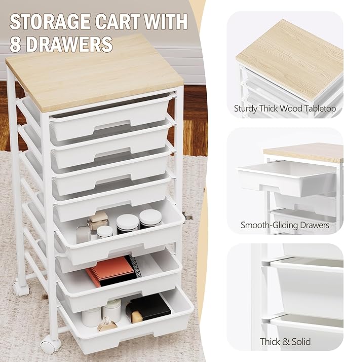 Rolling Cart with 8 Drawers, Storage Drawers Cart with Wooden Tabletop and Lockable Wheels, Craft Storage for Living Room, Office, Classroom, Craft Room, Bedroom