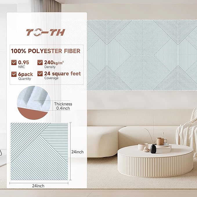 TO-TH Acoustic Wall Panels,6 Pack Total Size 72 x 48 Inches,Self-Adhesive Decorative Acoustic Panels for Wall and ceiling,White