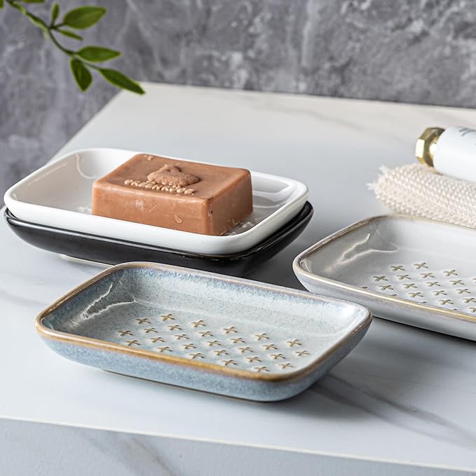 Gomakren Soap Dish, Shower Soap Holder, Ceramic Soap Dishes for Bar Soap Sponge Shampoo, Christmas Soap Saver Tray for Bathroom Kitchen Sink Counter, 5.5 Inch, Gray
