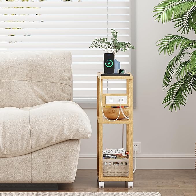 TUTOTAK Small Narrow Side Table with Charging Station, Skinny End Table for Small Spaces, Slim Nightstand with USB Ports and Outlet, Sofa Beside Table with Wheels, Natural TB01BN046