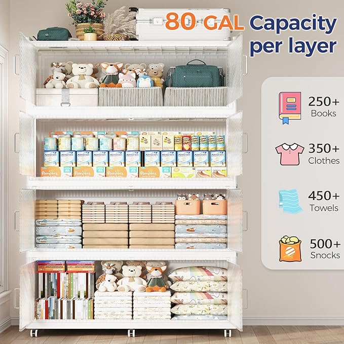 320GAL Extra Large Storage Bins with Lid, 1280QT Collapsible Organizer with Wheels, Stackable Closet Cabinet with Doors, Folding Storage Containers for Home, Office, Kitchen, 4Pack White