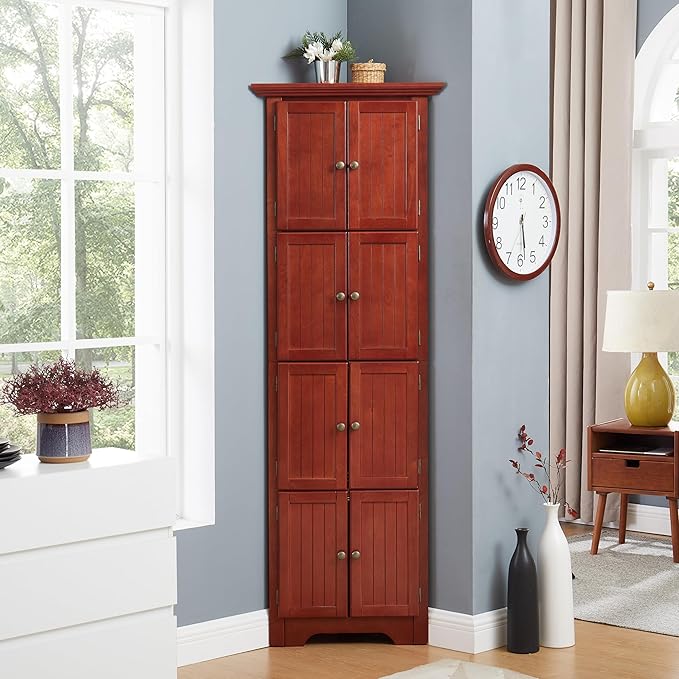 72" H Farmhouse Corner Storage Cabinet with 8 Doors & 4 Shelves, 4 Tier Kitchen Corner Pantry Cabinet Wooden Organizer Case Bookshelf, Home Space Saver Cabinet for Kitchen,Living Room(Cherry)