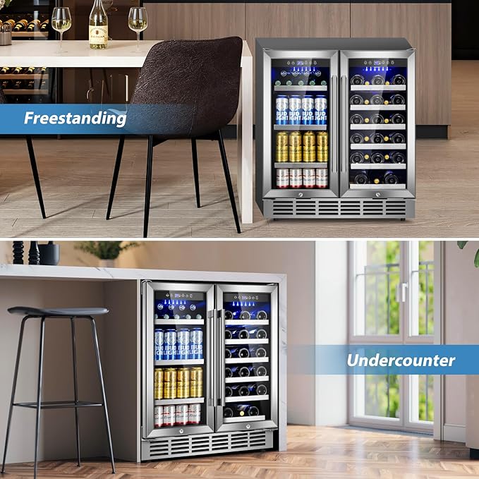 30Inch Wine and Beverage Refrigerator - Dual Zone Beverage Cooler Under Counter, Holds Up to 30 Bottles & 90 Cans Drink and Beer Fridge Built-In for Home Kitchen Bar and Office