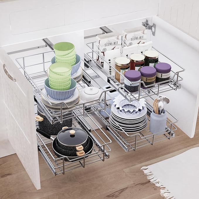 Pull Out Cabinet Organizer 17" W X 22" D, Slide Out Drawers For Kitchen Organizers and Storage, Pull Out Drawers For Cabinets Capacity Heavy Duty Caddy, Cabinet Shelves Chrome-Plated, Bathroom Pantry