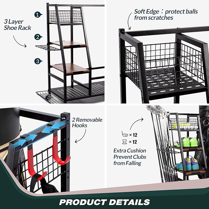 Golf Bags Storage Garage Organizer, Golf Bag Rack Fits 2/3 Golf Bags and Golf Equipment Accessories, Golf Club Storage Stand with Wooden Shelf and Lockable Wheels for Garage Indoor Basement