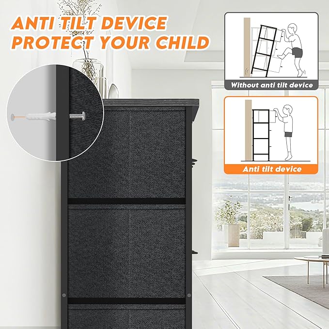 Curved Profile Dresser for Bedroom, Chest of Drawers, 7 Storage Drawers Organizer Unit, Black Dresser with Fabric Bins for Closet, Living Room, Kid Room (Charcoal Black)