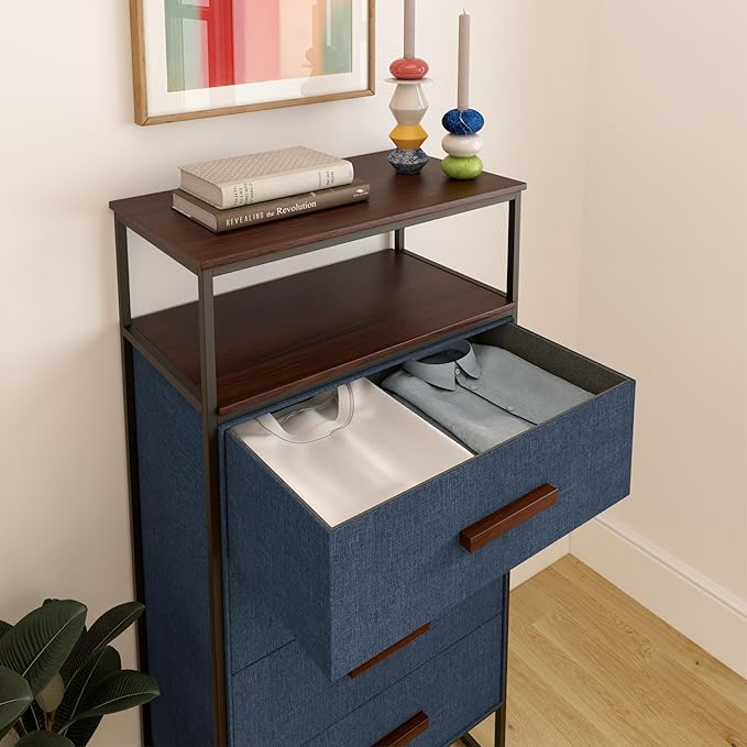 tinge Zana Premium Fabric Dresser - Strong Metal Frame, 4 Spacious Sag-Proof Drawers & Sturdy Wooden Top Shelf - Premium, Sleek & Durable Storage Solution for Your Home (Navy)