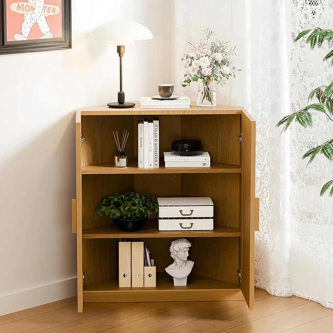 Casaphoria Farmhouse Corner Cabinet, Wooden Corner Storage Cabinet with Adjustable Shelves, Narrow Storage Organizer for Small Space, 36" H x 31" W x 16" D, 51Lb, Oak