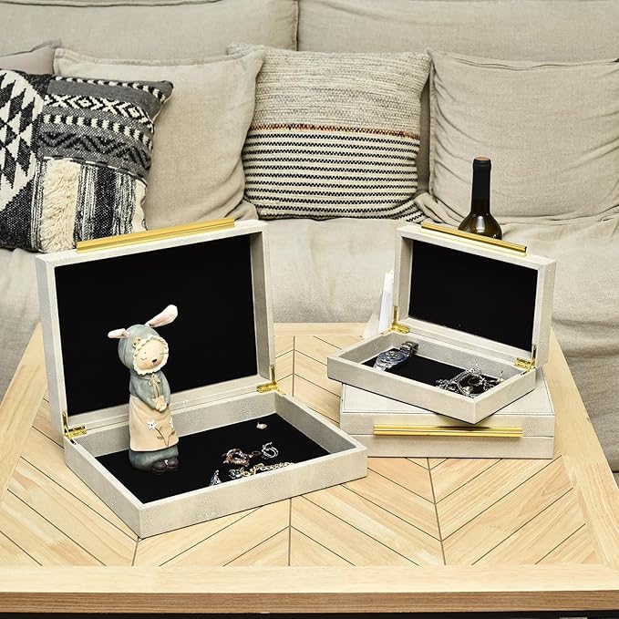 Faux Shagreen Leather Jewelry Storage Boxes Set of 3 with Gold Handles, Velvet Lined Stackable Organizer for Women, Vanity, Dresser, Gift, White