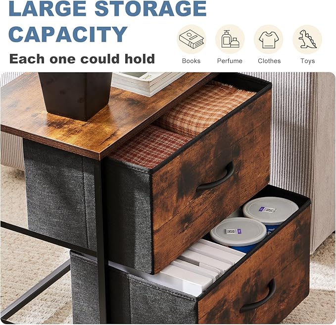 DUMOS Nightstand Small Dresser with 2 Fabric Drawers Side Bedroom End Table Kids Bedside Storage Furniture for 20 inch Tall Night Stand for Closet, Entryway, College Dorm, Rustic Brown