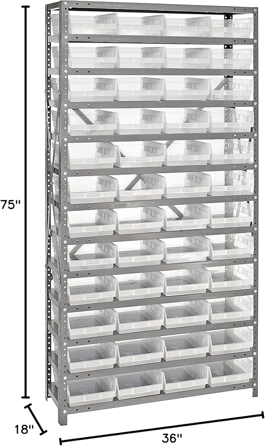 Quantum Storage Systems 1875-108CL Clear-View Sloped Shelving Unit with 4" Shelf Bins, 48 QSB108 Shelf Bins, 18" D x 36" W x 75" H