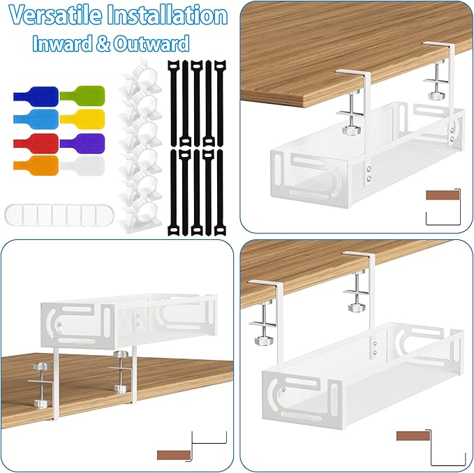 No Drill Under Desk Cable Management Tray, SONATURE 15.7" Cord Organizer for Table, Clamp Mount Desk Cable Management, Premium Carbon Steel Cable Organizer for Office, Home (White)