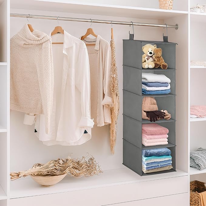 Libeder 5-Shelf Hanging Organizer with Drawers, Closet Hanging Organizers and Storage Shelves with 6 Side Pockets,Collapsible Closet Hanging Shelves for Clothes, Underwear, Nursery, Closet, RV(Grey)