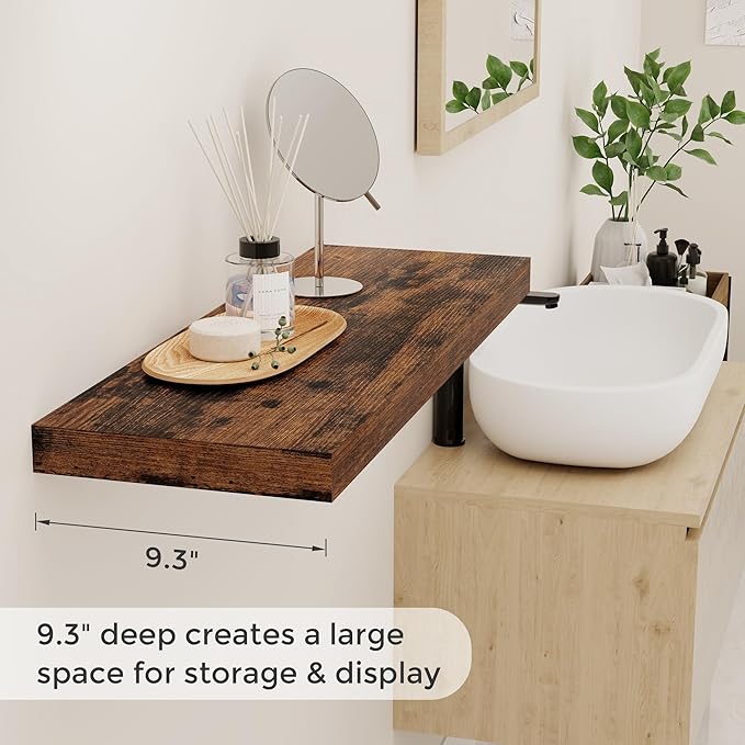 32 Inch Floating Shelves for Wall Set of 2, Rustic Wood Wall Mounted Floating Shelf for Bathroom, Bedroom, Kitchen, 9.3 Inch Deep Shelves Invisible Brackets for Books|Storage|Decor, Rustic Brown