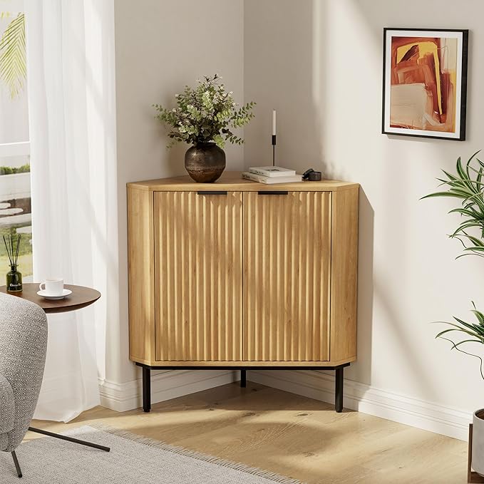 Modern Corner Cabinet, Fluted Small Floor Storage Cabinet with Adjustable Shelf, Freestanding Narrow Organizer for Living Room Kitchen, Natural Oak