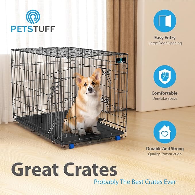 PetsTuff Great CRATES 36” Large Dog Crate - Heavy-Duty Dog Kennel with Divider Panel for Pets 40-60lbs - Durable Leaf-Proof Tray - Foldable, Carry Handle & Wheels for Easy Moving - Two-Door Dog Cage