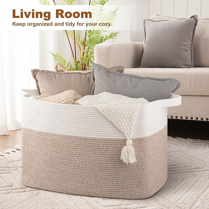 XXXL Supre Large Blanket Basket for Clothes, Towels, Pillows, 108L Cotton Rope Storage Basket for Living Room, Woven Toy Storage for Kids, 25" x 16" x 16", Brown and White