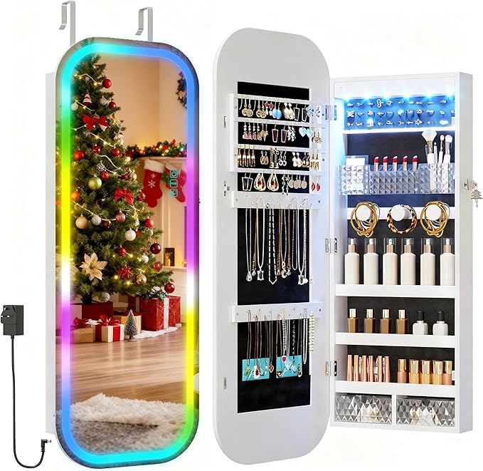 LVSOMT Round Mirror Jewelry Cabinet Door Hang, Jewelry Armoire with Mirror Wall Mounted, Hanging Mirror Jewelry Organizer, Full Length Mirror with Jewelry Storage, RGB Lights