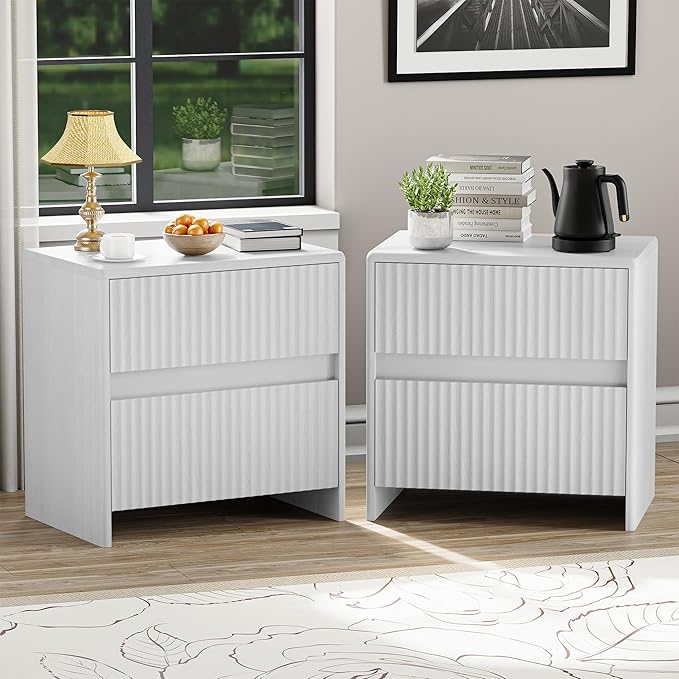White Nightstand Set of 2, 23" Wood Bedside Table with 2 Storage Drawers, Modern Night Stand for Bedroom, Office
