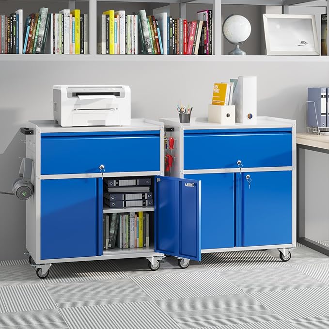 Aobabo Metal Cabinet with Wheels, Metal Garage Cabinet with 1 Drawer and 4 Hooks, Small Rolling Tool Storage with Pegboard and Handle, Blue Grey, Assembly Required