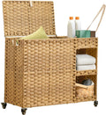 Laundry Hamper with Wheels, 42.3 Gal.(160 L) Laundry Sorter with Shelves, Rattan Clothes Hamper with 4 Removable Liners & 3 Mesh Bags, Handwoven Organizer for bedroom, bathroom, laundry room, Natural