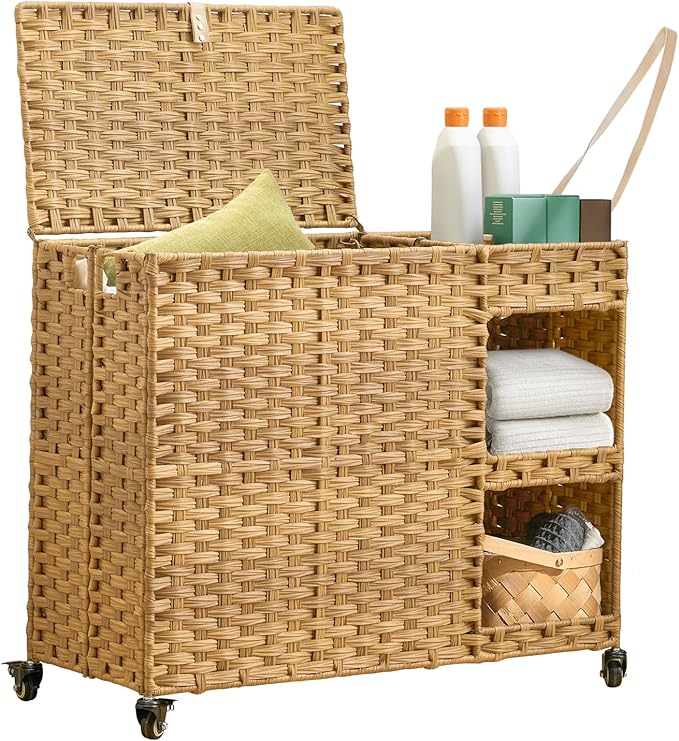 Laundry Hamper with Wheels, 42.3 Gal.(160 L) Laundry Sorter with Shelves, Rattan Clothes Hamper with 4 Removable Liners & 3 Mesh Bags, Handwoven Organizer for bedroom, bathroom, laundry room, Natural