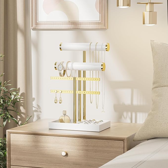 3 Tier Bracelet Holder Display - White Leather Bracelet Holder, Detachable T Bar Jewelry Holder Organizer for Bracelet, Necklace, Earrings, Rings, Watches, Bangle