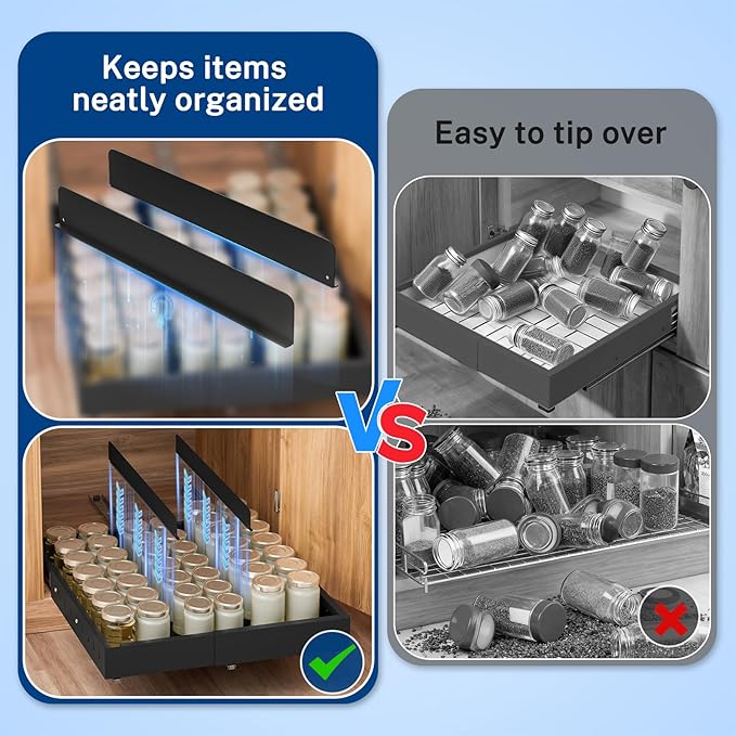 Insputer Pull Out Cabinet Organizer Expandable (12.4"-20.08")W & (16.26"-22.44")D, Slide Out Drawers for Kitchen, Pantry with 2Pcs Magnetic Panel, 3 Slide Rail, No Drill Adhesive Roll Out Shelf Black