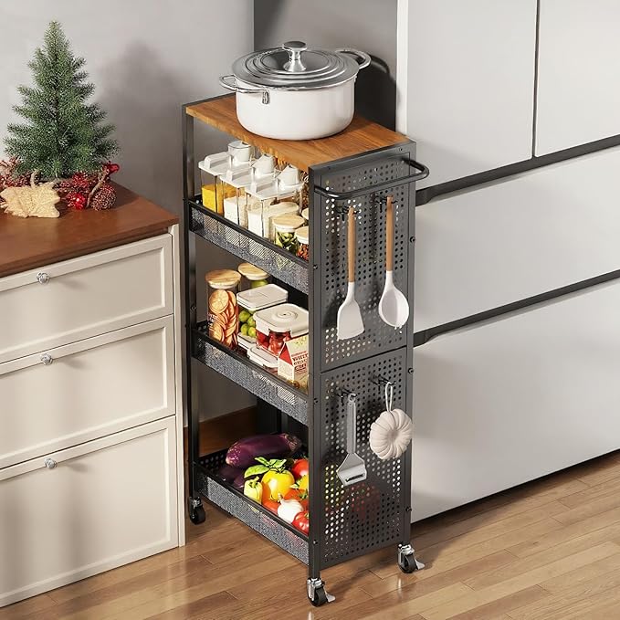 4-Tier Slim Storage Cart with Wheels,Small Mobile Organizer Shelf with Wooden Top & Metal Handle for Kitchen, Laundry Room, Bathroom, Office (Black, 9.1 inch)