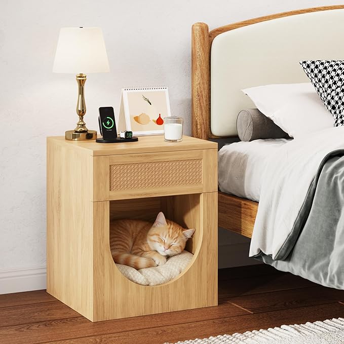 End Table with Drawer, 20 Inch Artificial Rattan Night Stand for Arched Storage or Cat Rest Area, Sturdy Thickened Wood Side Table Bedside Table for Living Room, Bedroom and Apartment