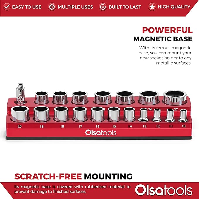 Olsa Tools Magnetic Socket Holder - 1/2-Inch Drive - Metric - Red - Holds 19 Sockets - Professional Quality Organizer - Part: 1299