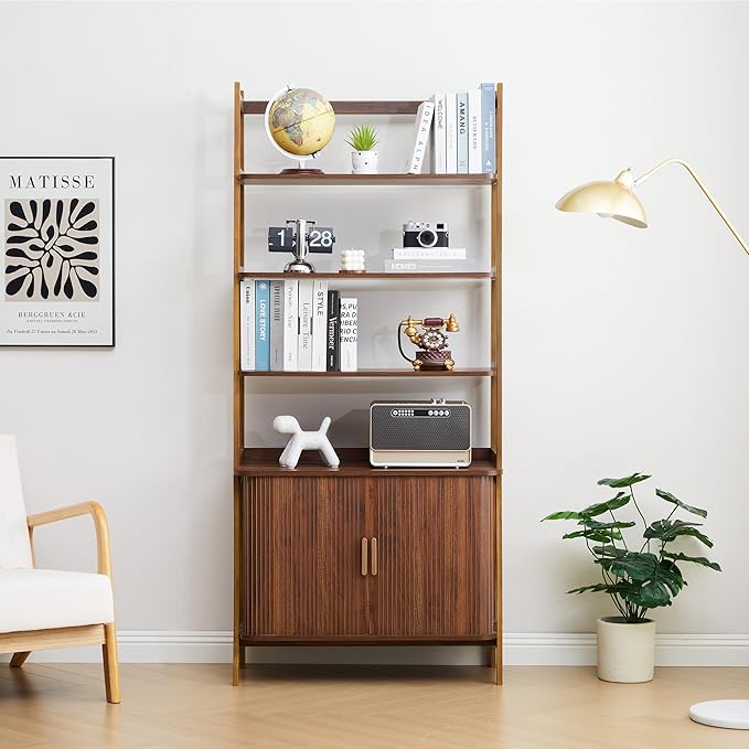 4-Tier Bookshelf, Tall Bookcase with Open Shelf and Sliding Door, 70” Freestanding Storage Organizer Display Cabinet for Living Room, Home Office (Walnut)