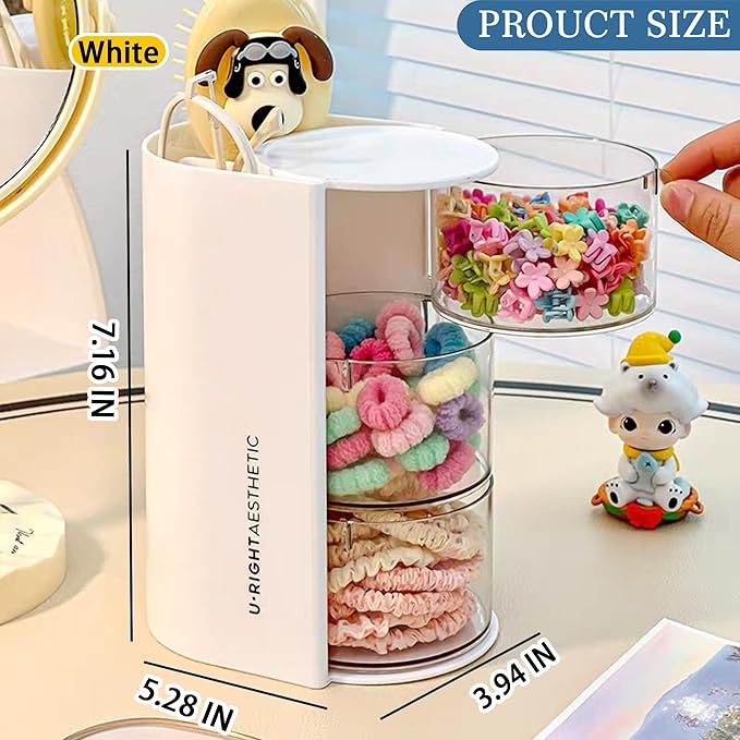 Hair Accessories Organizer with Hair Brush Holder, Rotatable Makeup Brush Holder for Necklaces, Earring, Bracelet, Ring, Makeup Brushes, Hair Clip and Hair Accessories (White, 3-Layer)
