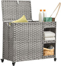 Laundry Hamper with Wheels, 42.3 Gal.(160 L) Laundry Sorter with Shelves, Rattan Clothes Hamper with 4 Removable Liners & 3 Mesh Bags, Handwoven Organizer for bedroom, bathroom, laundry room, Grey