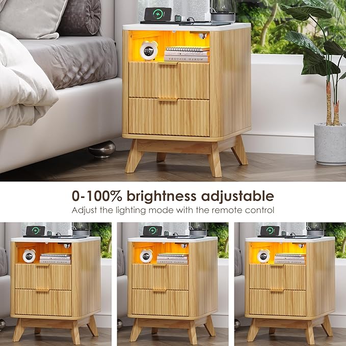 Nightstand with Charging Station, Fluted Nightstand with LED Lights, Modern Rustic Side Table with 2 Storage Drawers, Wooden End Table for Bedroom, Natural Oak 2pcs