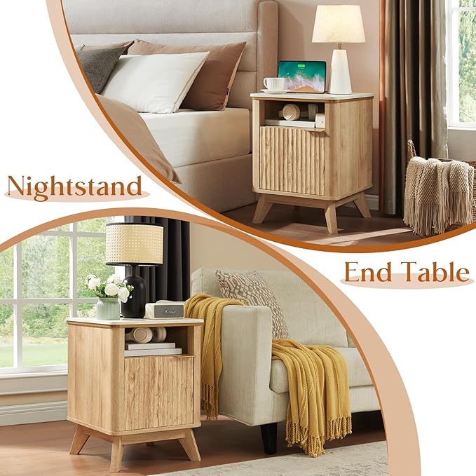 QUW Fluted Nightstands Set of 2 with Charging Station, 18" Modern Side Table, Wooden Bedside Table with Faux Marble Top, Open Storage, Cabinet, End Table for Bedroom, Living Room, Natural Oak