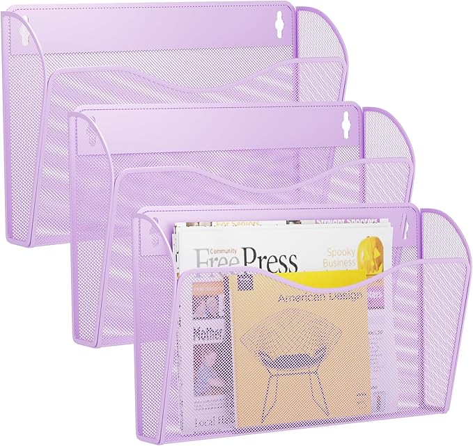 3 Single Pocket Wall File Holder, Mesh Hanging File Folder Paper Organizer, Vertical Wall Mounted Mail Basket, Storage Organization Magazine Rack for Office, Home and School, Light Purple