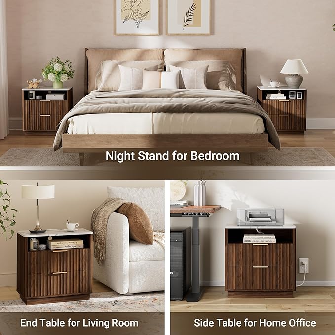 Large Fluted Night Stand Set of 2 with Charging Station, 23" Modern End Table with Faux Marble Top, 2 Drawers Side Table with Storage, Nightstand for Bedroom, Curved Profile Design (Walnut)