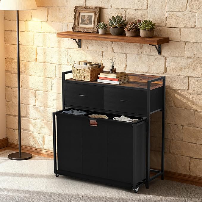 Laundry Hamper with 3 Section Rolling Bags, Laundry Sorter with Wheels, Laundry Basket with 2 Drawer for Laundry Room (Black and Rustic Brown)